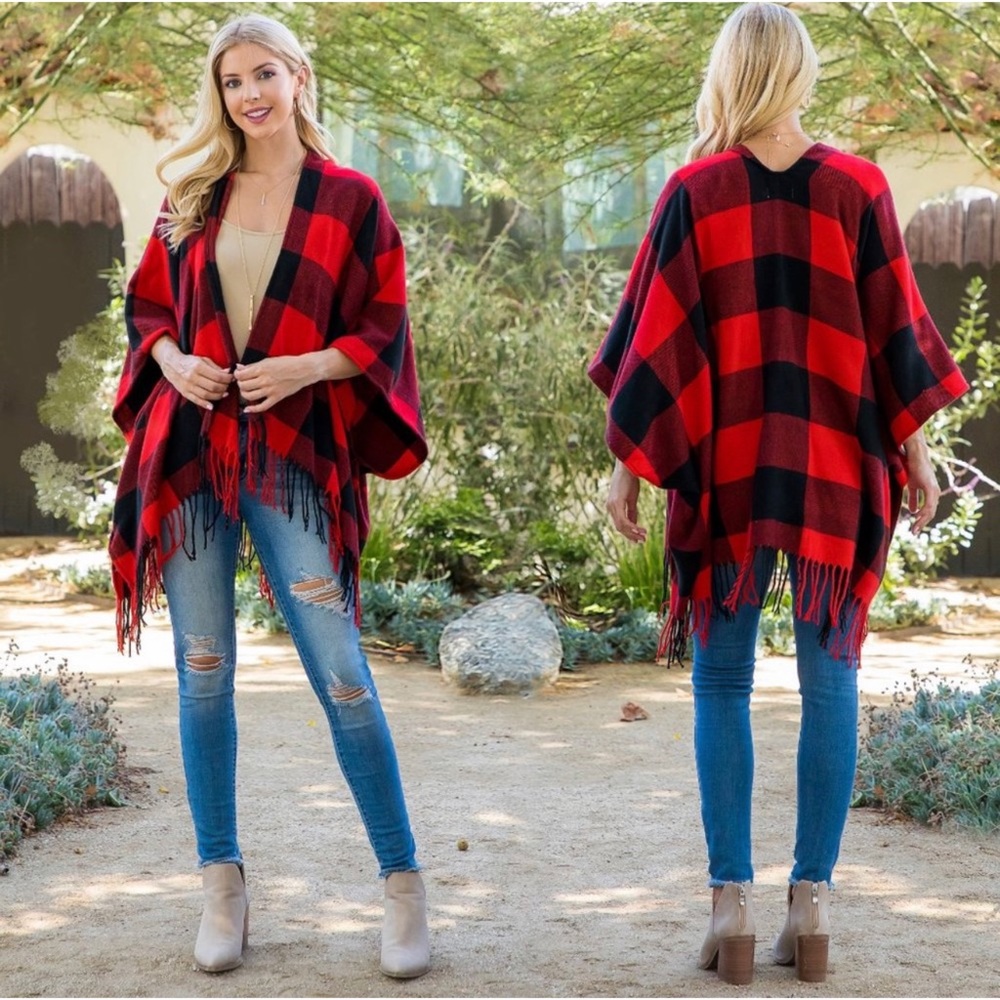 2 LEFT! Buffalo Plaid Print Front Fringe Gorgeos Drape Over Fall Winter Kimono - Picture 4 of 4